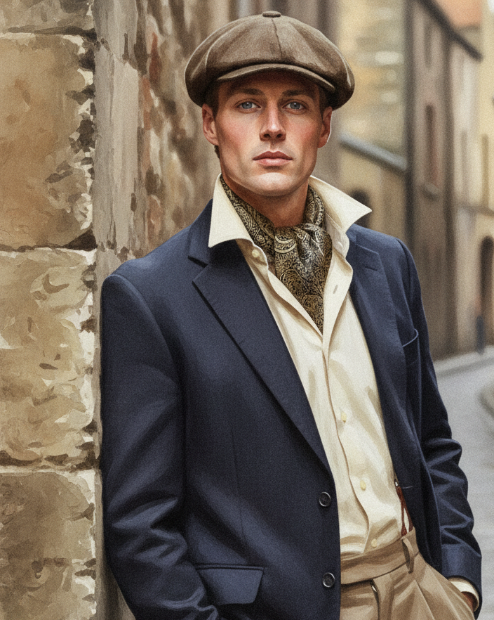 Beige On Black Paisley Tanchoi Handwoven Silk Ascot Tie styled in European heritage setting