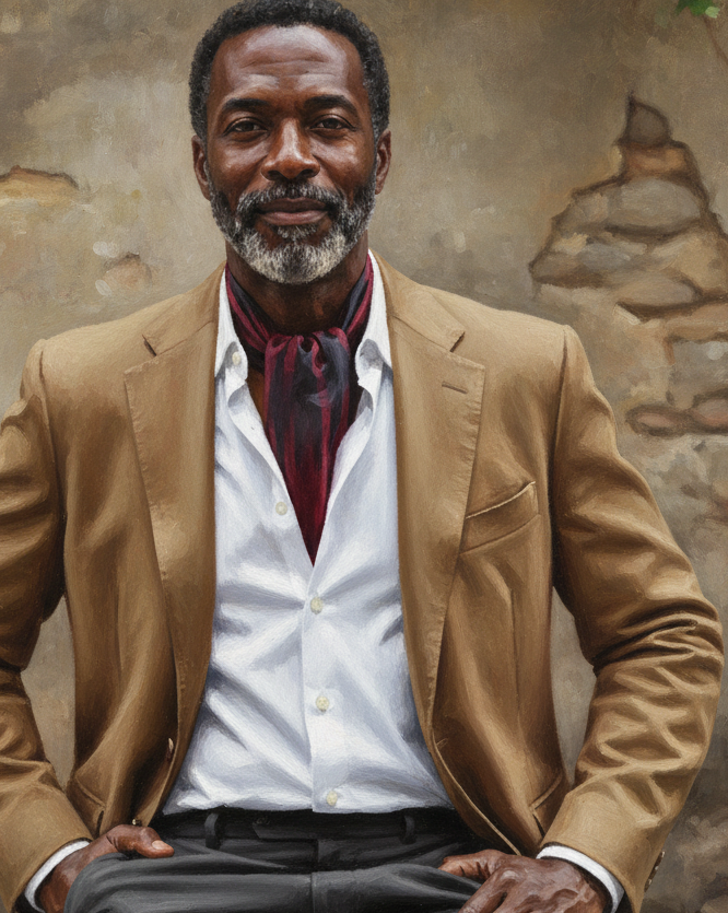 Ombre Maroon Handwoven Silk Ascot Tie styled in sophisticated seated portrait