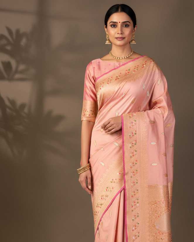 Peach Banarasi Gold Silver & Antique Zari Maize Buta Cutwork Brocade Handwoven Katan Silk Saree lifestyle image