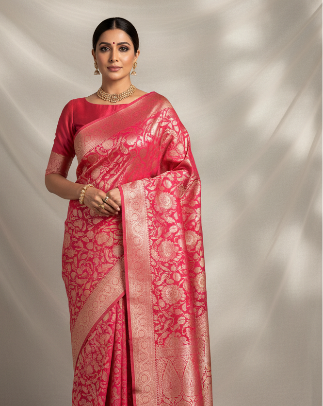 Shot Red-Pink Dual Tone Gold Zari Floral Jaal Cutwork Brocade Handwoven Katan Silk Banarasi Saree lifestyle image