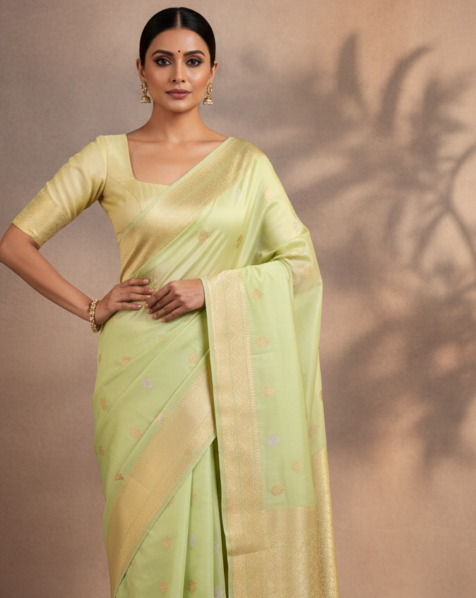 Laurel Green Banarasi Gold & Silver Zari Buti Kadhuan Brocade Handwoven Katan Silk Saree lifestyle image with correct blouse and pallu