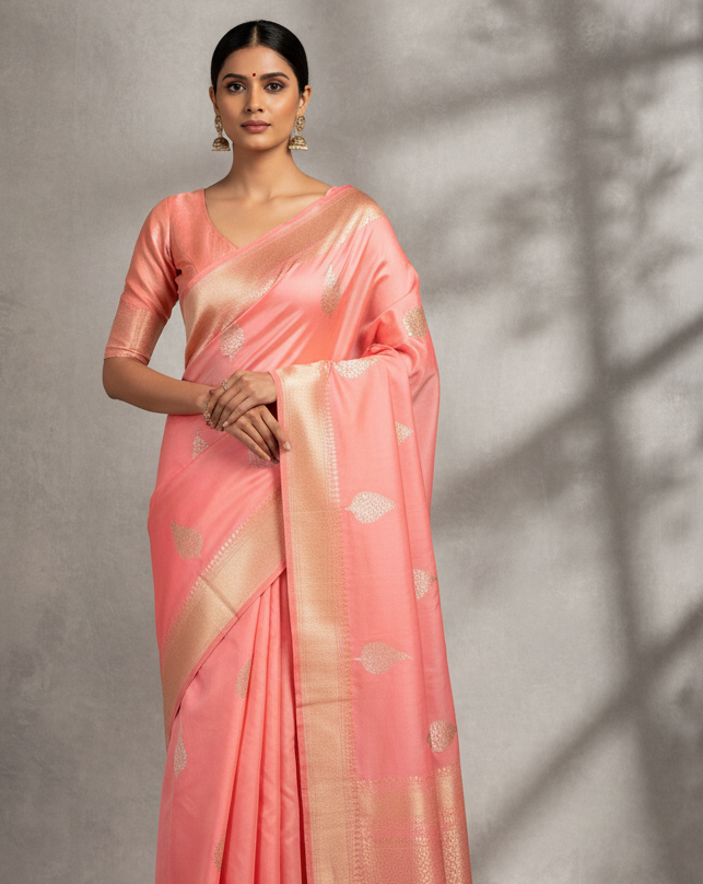 Peach Banarasi Gold & Silver Leaf Buta Kadhuan Brocade Handwoven Katan Silk Saree - Premium Lifestyle Image