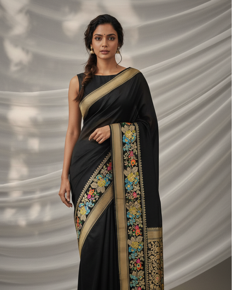 Black Banarasi Kadhuan Brocade Handwoven Katan Silk Saree with Meenekari Bel Border Pallu lifestyle image