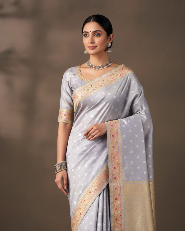 Silver Gray Banarasi Silver Zari Cutwork Brocade Handwoven Katan Silk Saree with Meenekari Border lifestyle image
