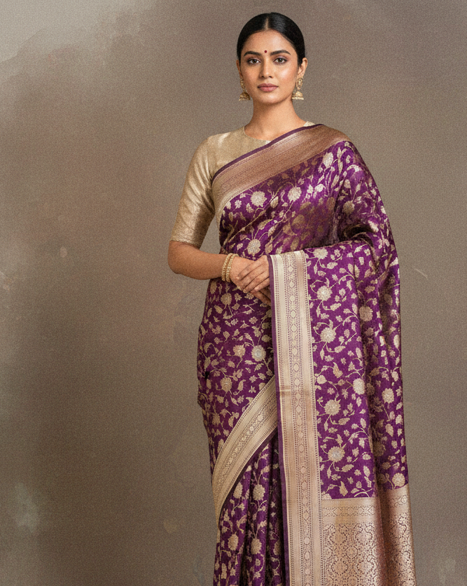 Lifestyle image of Purple Gold Silver Zari Floral Jaal Banarasi Saree