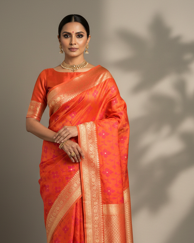 Shot Orange Cross Stitch Jaal Satin Tanchoi Brocade Handwoven Katan Silk Banarasi Saree with Gold Zari Accents lifestyle image
