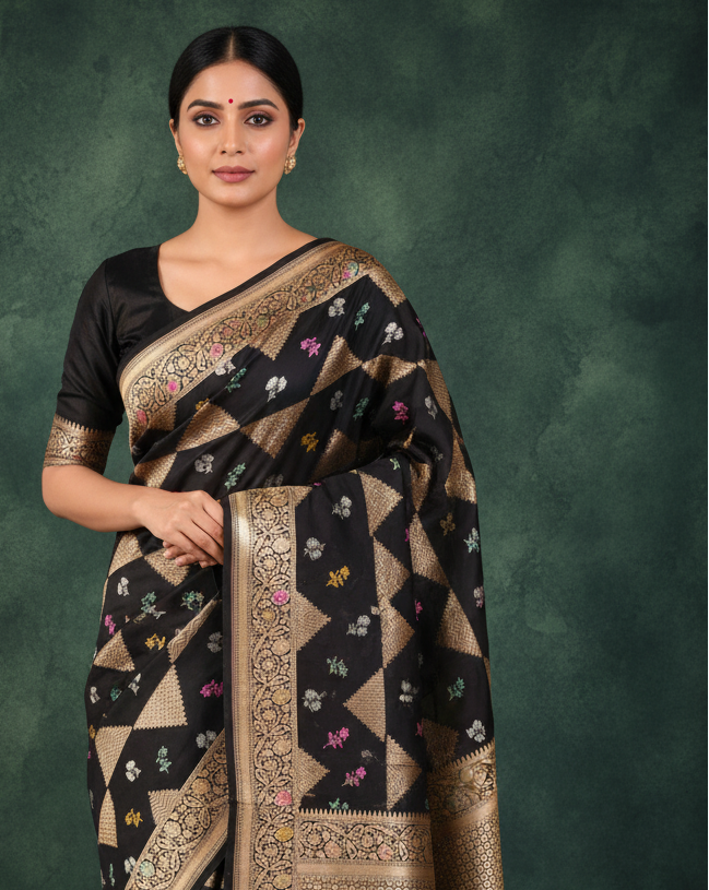 Lifestyle image of Black Gold Zari Triangles Resham Buti Banarasi Saree
