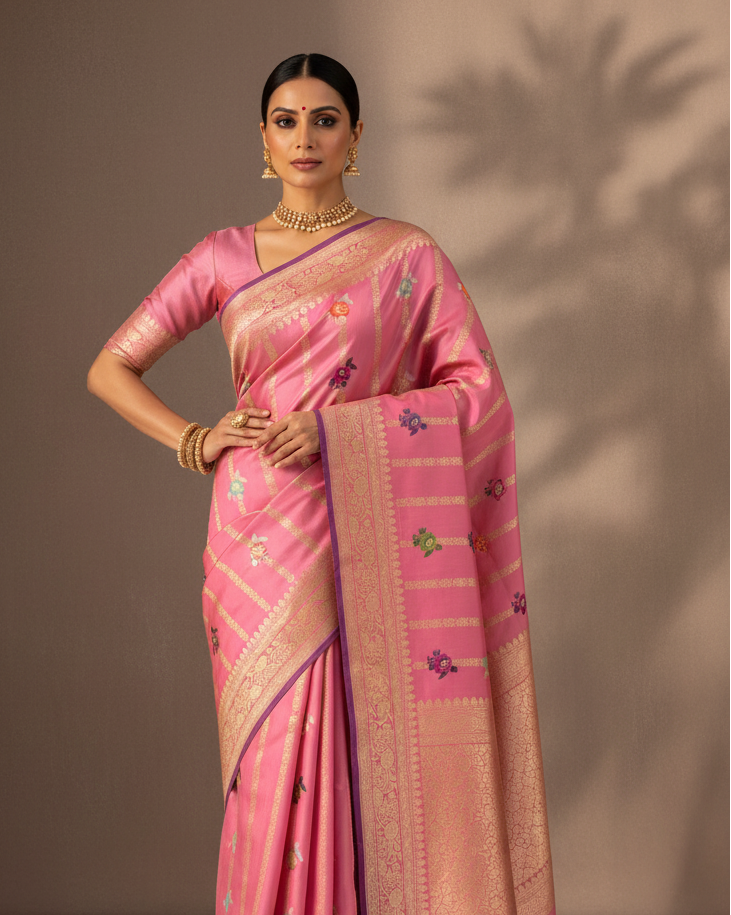 Thulian Pink Banarasi Gold Zari Stripes And Meenekari Gulab Kadhuan Brocade Handwoven Katan Silk Saree lifestyle image