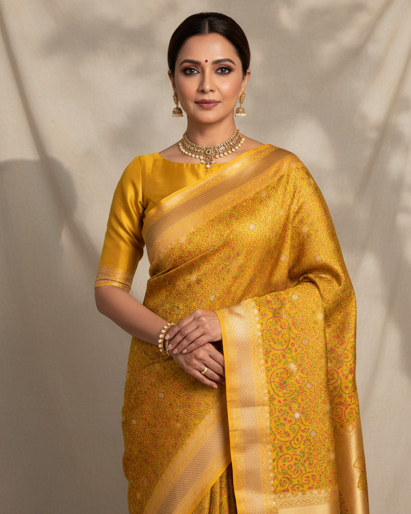 Yellow Traditional Tehra Satin Tanchoi Jamawar Brocade Handwoven Katan Silk Saree with Gold Zari Accents lifestyle image