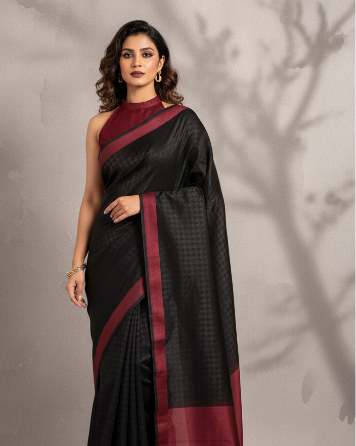 Black WATERMARK Houndstooth Handwoven Handwoven Kora Silk Banarasi Saree-HolyWeaves