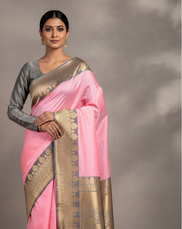 Pink Banarasi Brocade Handwoven Katan Silk Saree - Premium Lifestyle Image