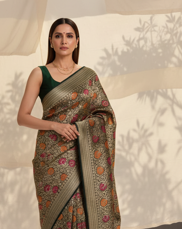 Midnight Green Gold Zari & Meenekari Floral Jaal Cutwork Brocade Handwoven Katan Silk Banarasi Saree