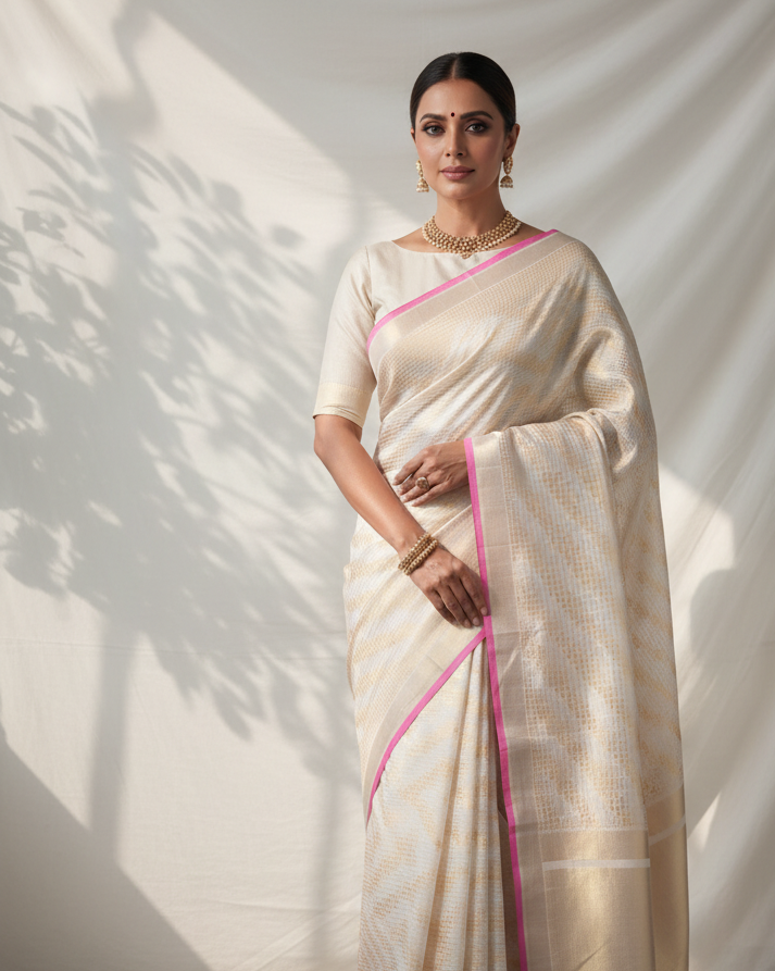 White Banarasi Gold & Silver Zari Chequered Grids Diagonal Stripes Brocade Handwoven Katan Silk Saree with Pink Selvage lifestyle image
