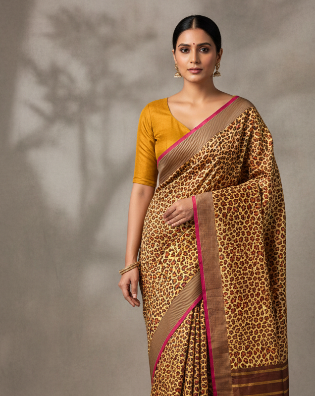 Mustard Yellow Banarasi Leopard Stripes Alfi Resham Brocade Handwoven Katan Silk Saree - Premium Lifestyle Image