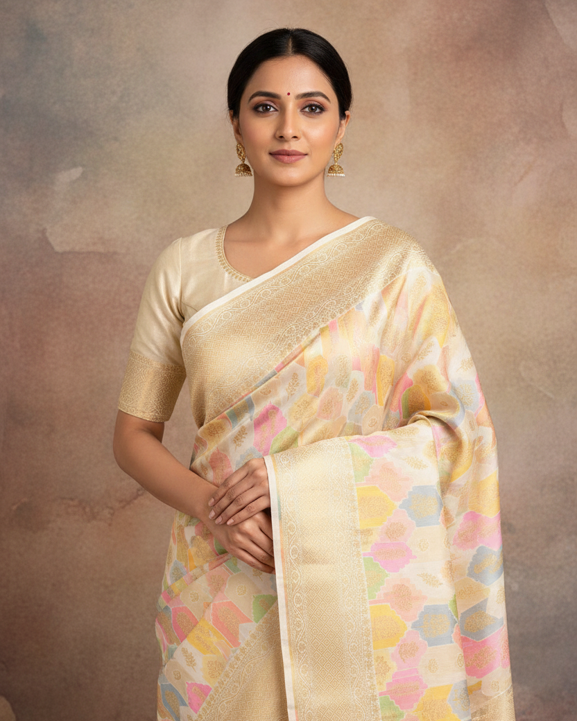 Lifestyle image of Cream Gold Zari Multi-color Resham Mehrab Jaal Banarasi Saree