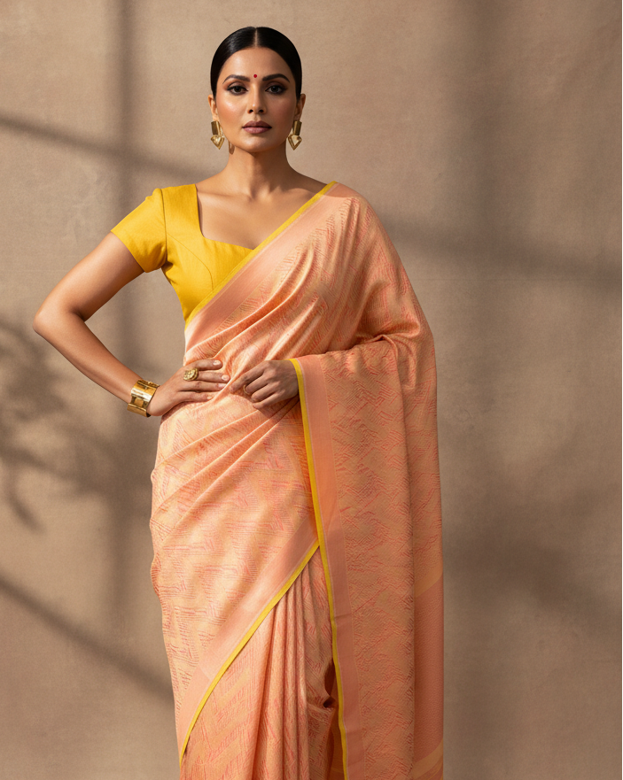 Peach On Yellow Banarasi Glitch Chevron Brocade Handwoven Katan Silk Saree lifestyle image with bold contemporary styling