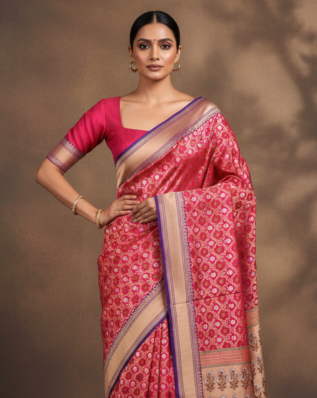 Rani Pink Banarasi Gold Antique & Silver Zari Jangla Cutwork Brocade Handwoven Katan Silk Saree lifestyle image with art blouse