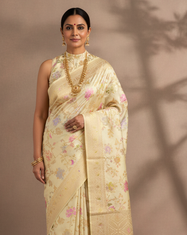 Cream Gold Silver Zari And Resham Floral Jaal Kadhuan Brocade Handwoven Katan Silk Banarasi Saree lifestyle image