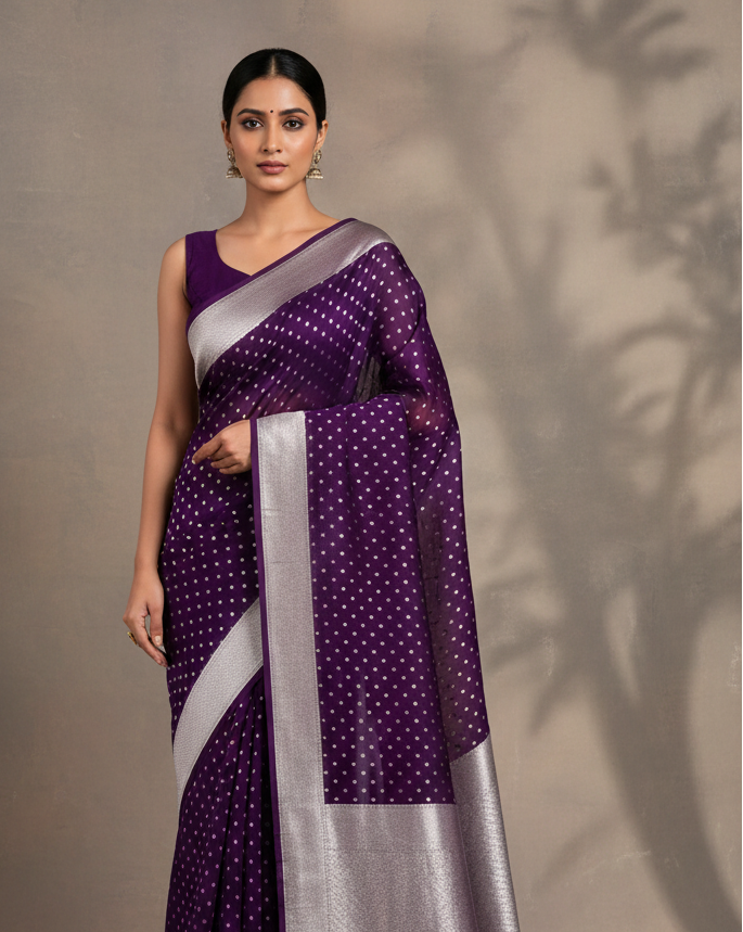 Purple Banarasi Silver Zari Polka Buti Cutwork Brocade Handwoven Khaddi Georgette Saree - Premium Lifestyle Image
