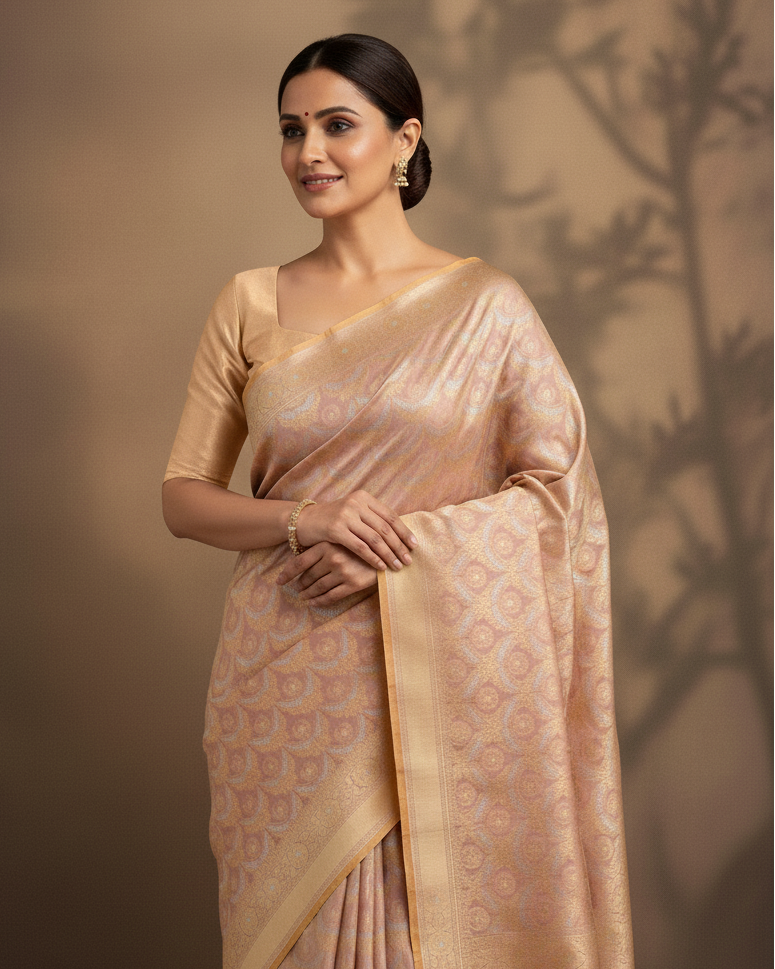 Tuscany Peach Banarasi Gold & Silver Zari Alfi Floral Jaal Cutwork Brocade Handwoven Katan Silk Saree lifestyle image