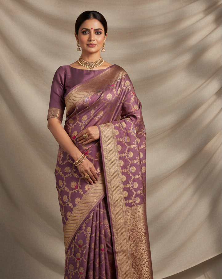 Mauve Banarasi Gold Zari & Resham Meena Jangla Cutwork Brocade Handwoven Katan Silk Saree lifestyle image