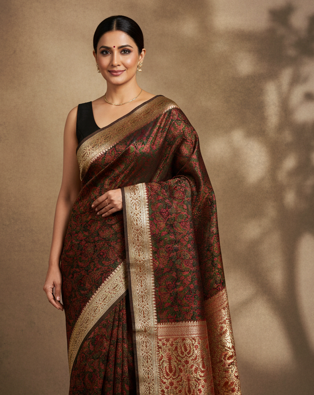 Black Banarasi Tehra Paisley Jaal Satin Jamawar Tanchoi Brocade Handwoven Katan Silk Saree with Gold Zari Border Pallu lifestyle image