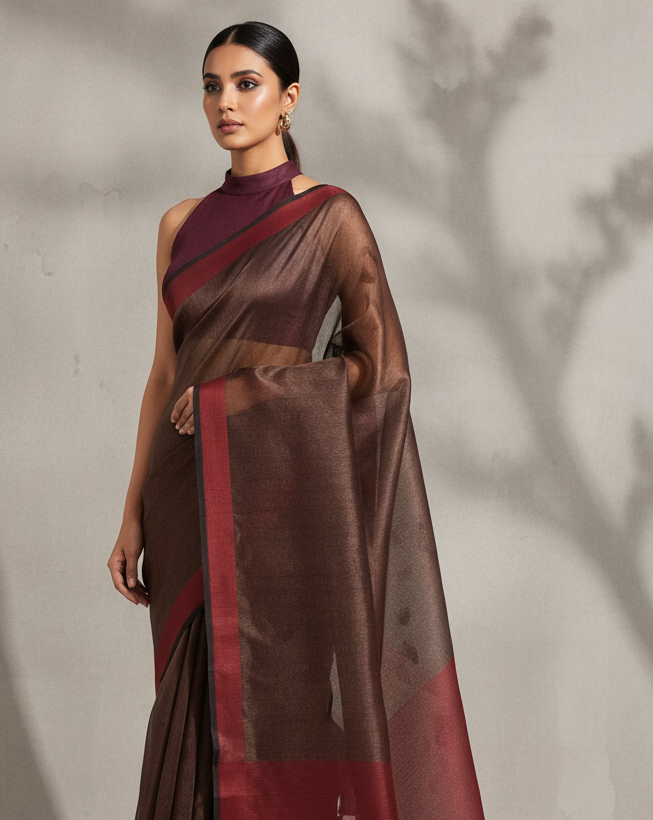 Lifestyle image of Chocolate Brown WATERMARK Illusion Waves Handwoven Kora Silk Banarasi Saree