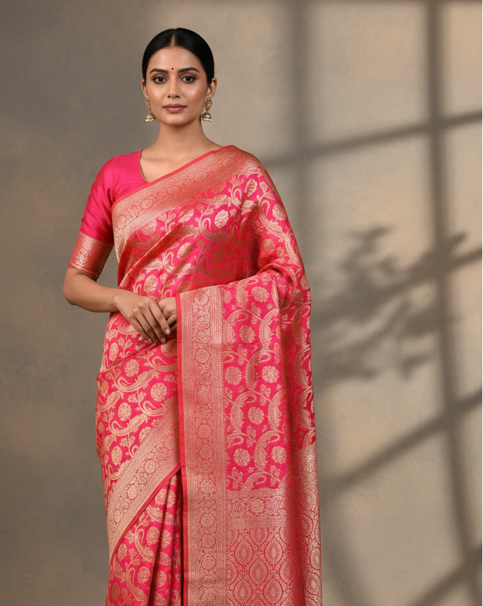 Shot Fuchsia Pink Banarasi Diagonal Paisleys Gold Zari Cutwork Brocade Handwoven Katan Silk Saree - Premium Lifestyle Image