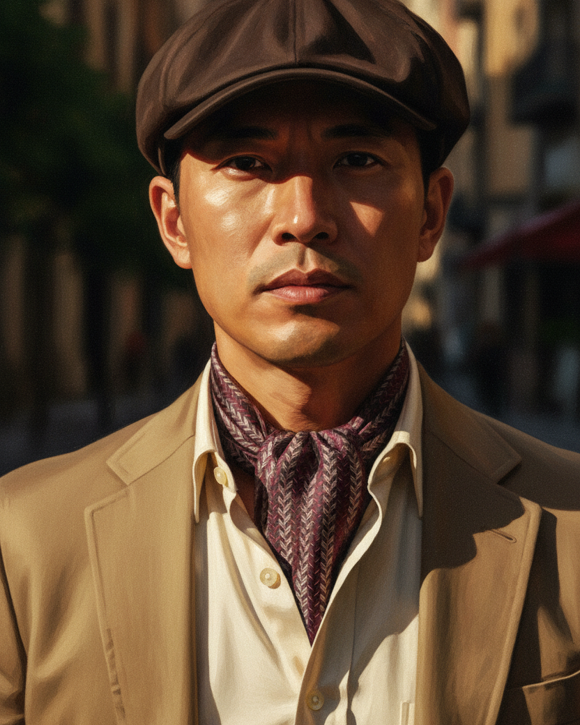Beige Maroon & Garnet Herrring Bone Brocade Handwoven Silk Ascot Tie styled with flat cap in golden hour lighting
