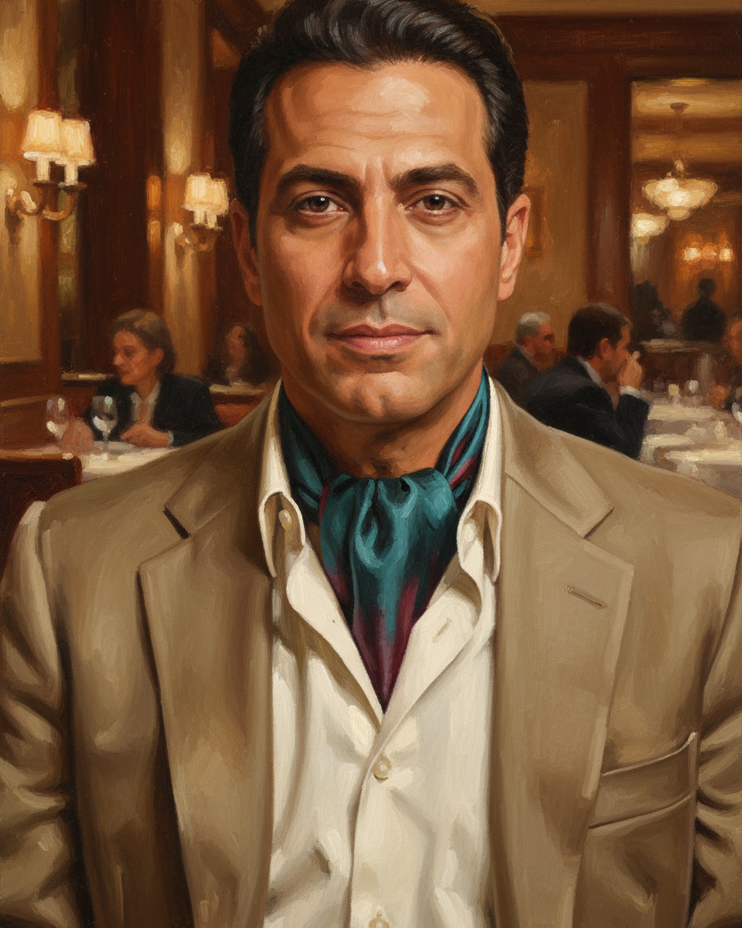 Ombre Teal Blue Handwoven Silk Ascot Tie styled for upscale dining