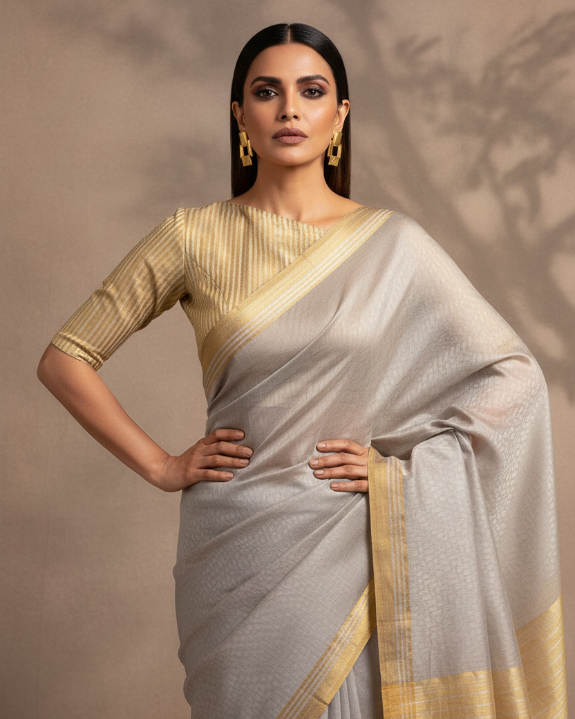 Gray Banarasi WATERMARK Geometric Tanchoi Handwoven Kora Silk Saree with Gold & Silver Zari Border Pallu - Bold Contemporary Lifestyle