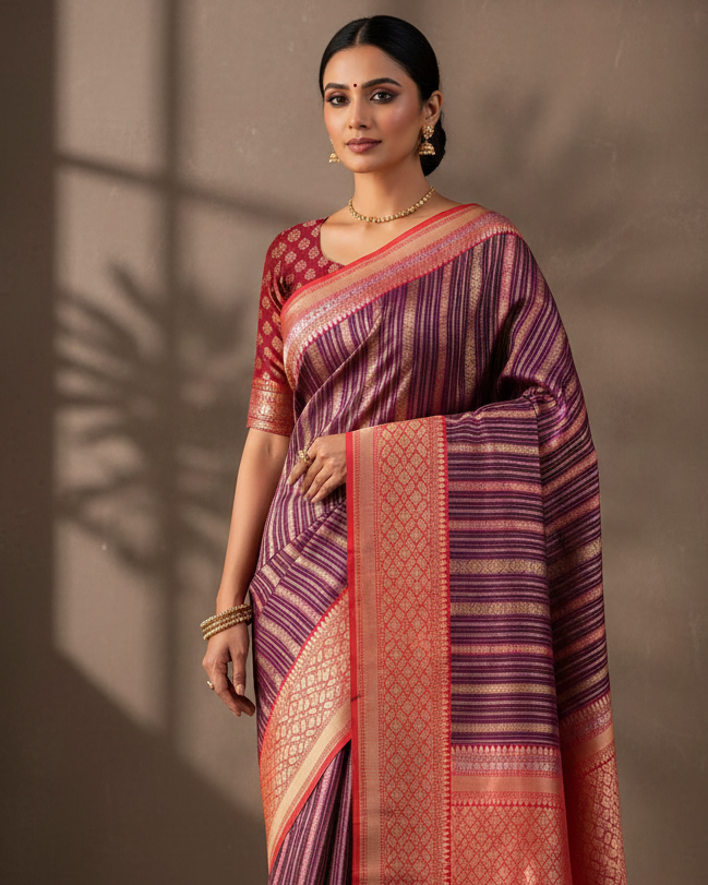 Purple Gold Zari & Resham Ornament Stripes Kadhuan Brocade Handwoven Katan Silk Banarasi Saree with Shot Pink Border Pallu lifestyle image