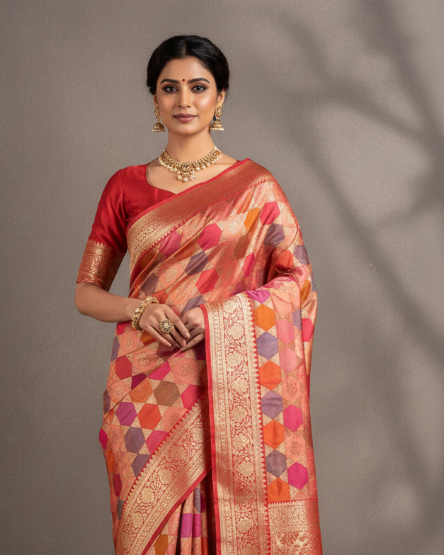 Bridal Multi-color Gold Zari Super-Star Rangkaat Kadhuan Brocade Handwoven Katan Silk Banarasi Saree lifestyle image