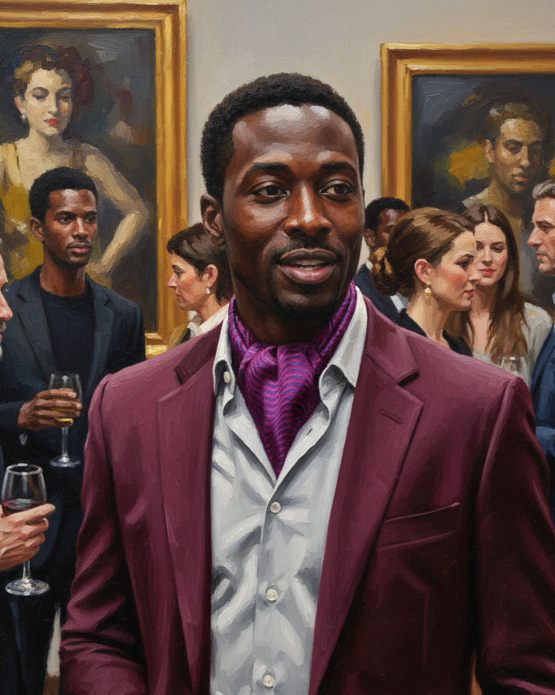 Pink On Purple Illusion Scallop Handwoven Silk Ascot Tie styled for art gallery event