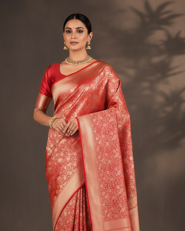 Red Banarasi Elephant Deer Peacock & Maharaja Shikargah Brocade Handwoven Katan Silk Saree lifestyle image