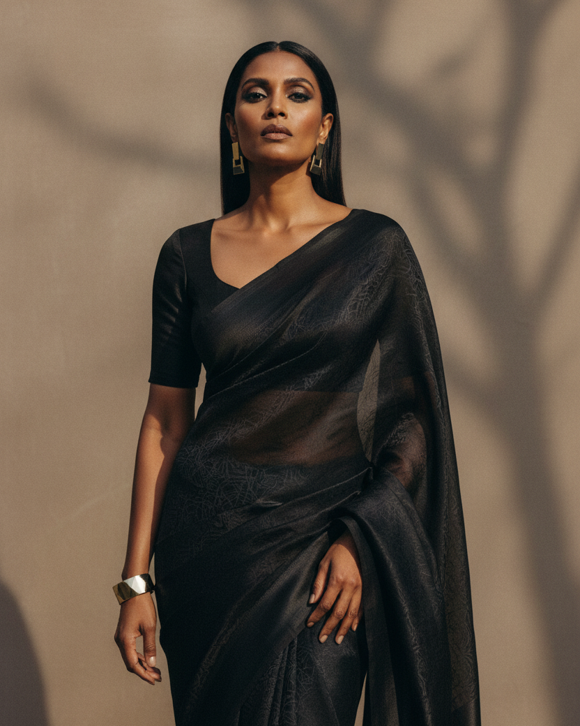 Black WATERMARK Spider Web Tanchoi Handwoven Kora Silk Banarasi Saree - Bold Contemporary Lifestyle