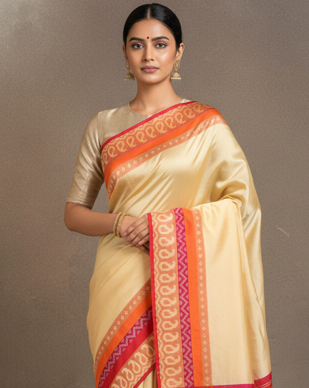 Lifestyle image of Cream-Red Handwoven Silk Pochampally Saree