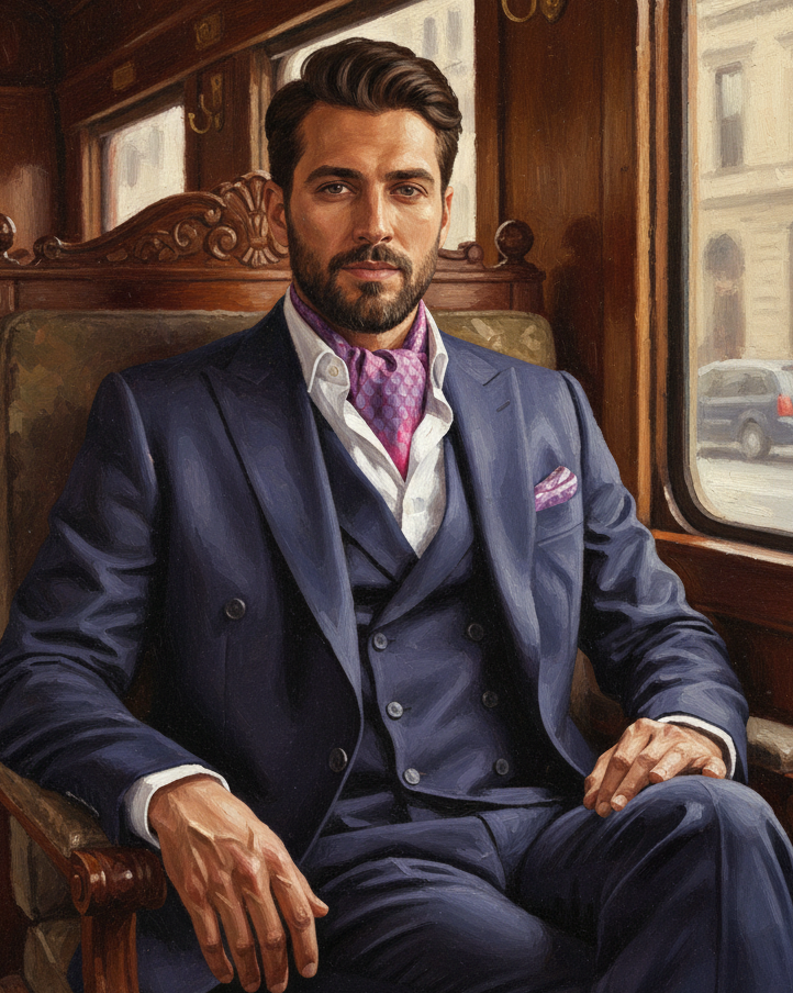 Ombre Mauve Metropolis Handwoven Silk Ascot Tie styled in vintage train compartment