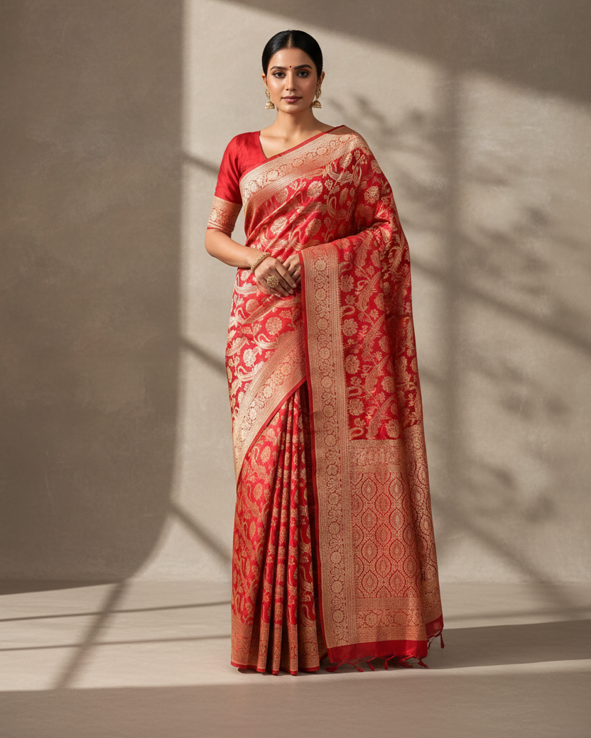 Bridal Red Banarasi Diagonal Paisleys Gold Zari Cutwork Brocade Handwoven Katan Silk Saree - Premium Lifestyle Image