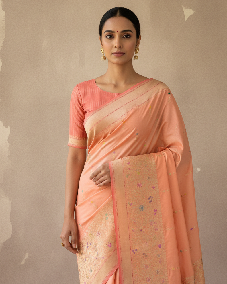 Lifestyle image of Peach Banarasi Gold Zari Resham Buti Kadhuan Brocade Saree