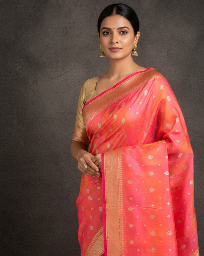 Lifestyle image of Shot Peach Bachcha Buti Kadhuan Banarasi Saree