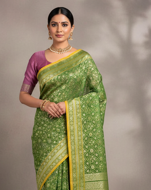 Green Aranyambari Gold & Silver Zari Jaal Cutwork Brocade Handwoven Cotton Banarasi Saree with Koniya Buta-HolyWeaves