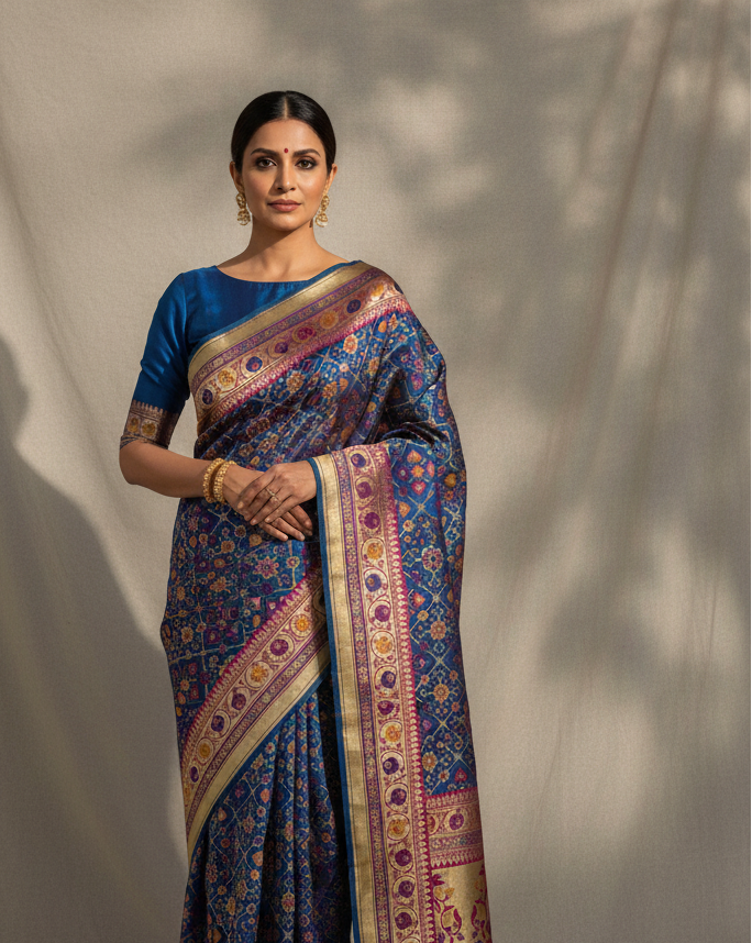 Prussian Blue Banarasi Patola Cutwork Brocade Handwoven Katan Silk Saree lifestyle image