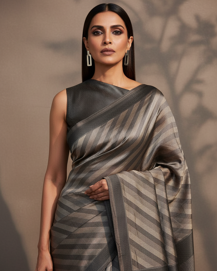 Metallic Silver Gray WATERMARK Diagonal Stripes Tanchoi Handwoven Kora Silk Banarasi Saree - Bold Contemporary Lifestyle