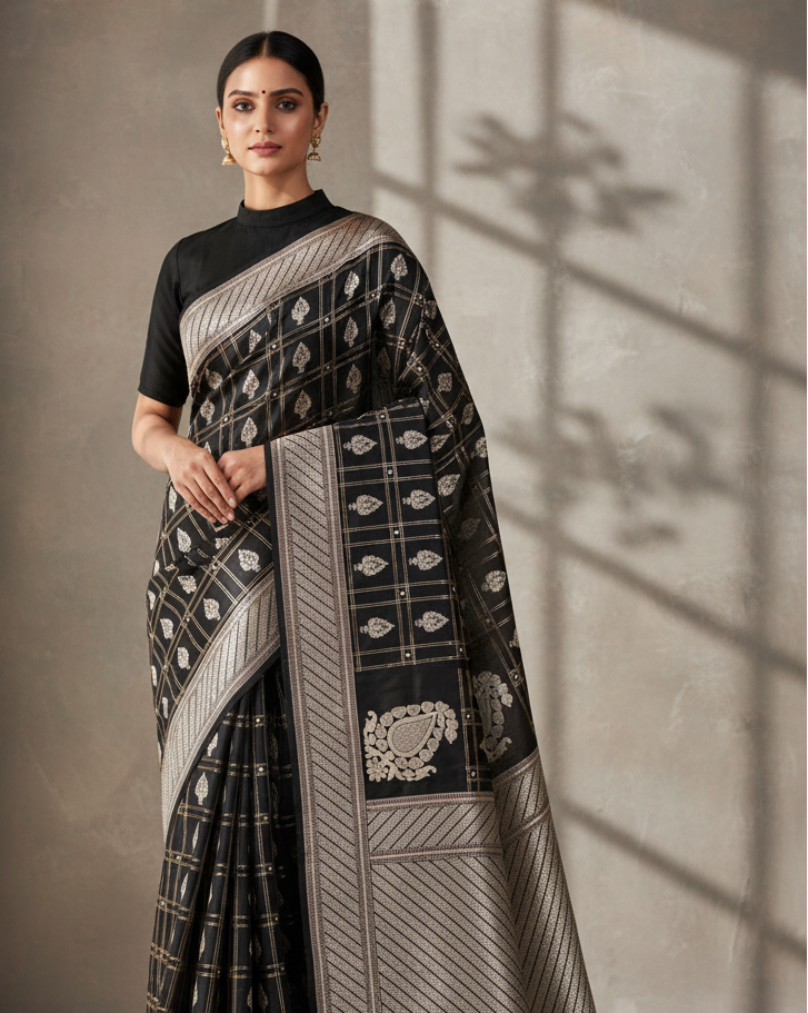 Black Banarasi Kadhuan Brocade Handwoven Katan Silk Saree with Koniya Kairi Buti - Premium Lifestyle Image