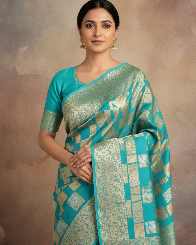Lifestyle image of Shot Blue-Green Banarasi Gold Silver Zari Random Blocks Saree