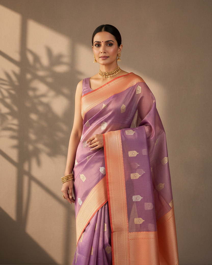 Metallic Mauve Metallic Gold & Silver Zari Buti Kadhuan Brocade Handwoven Kora Tissue Banarasi Saree lifestyle image