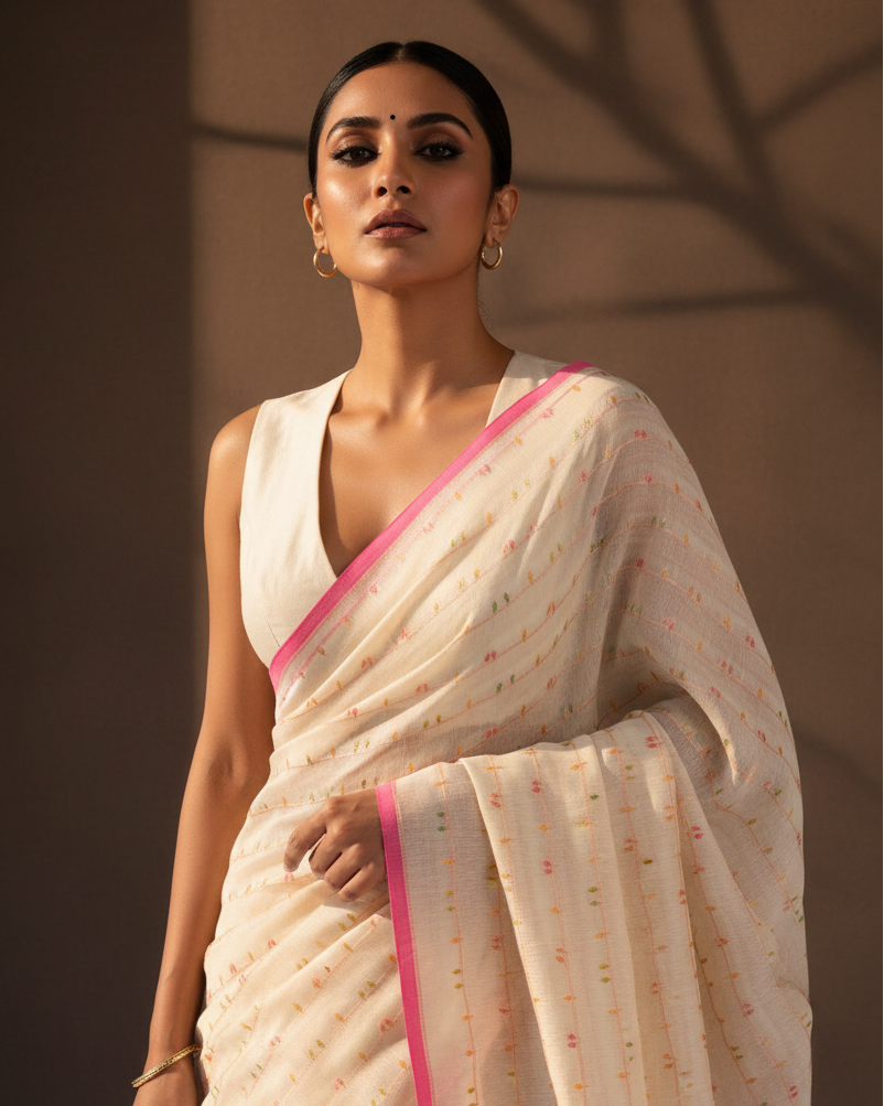 Ivory Birds Banarasi — Plain Pink Border, Editorial