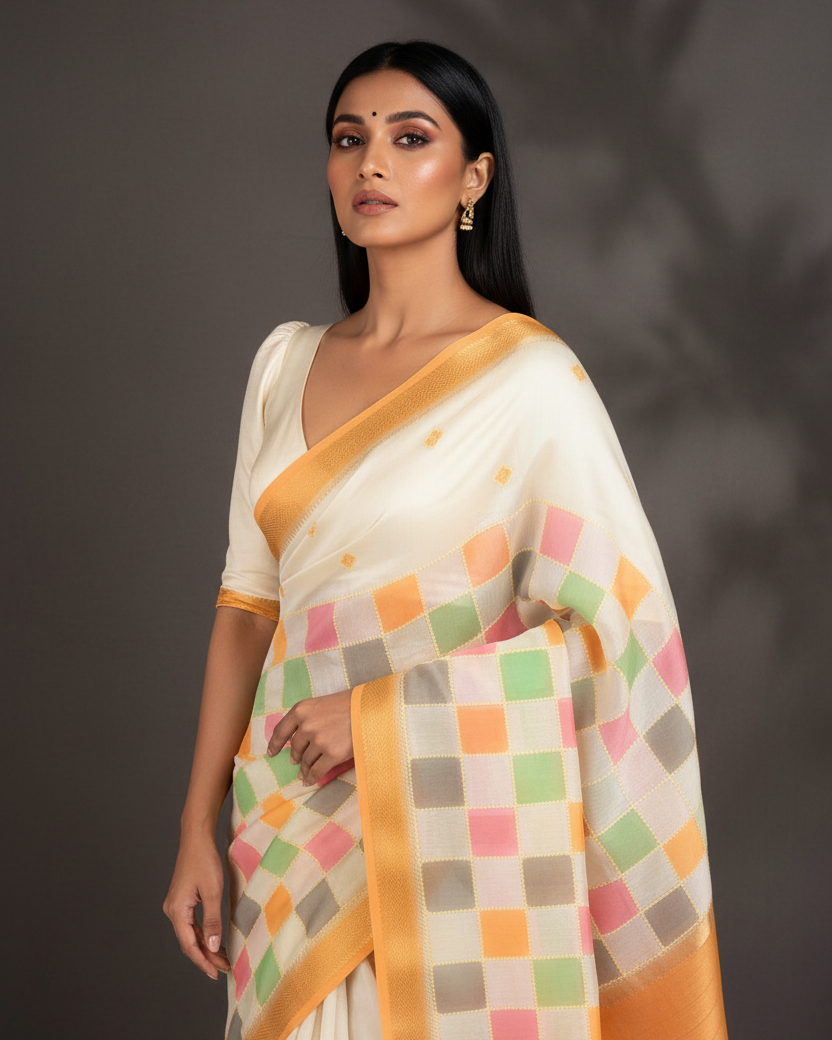 Ivory Chequered Hand Brush Dye Banarasi Editorial