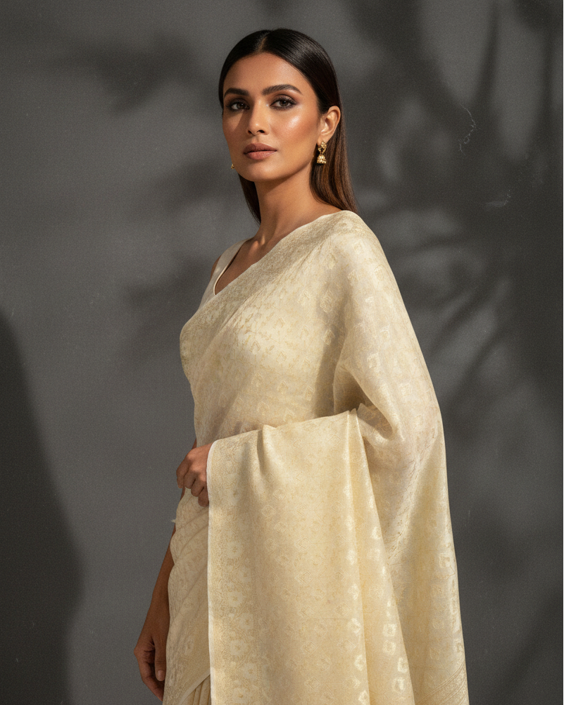 Ivory Gold Resham Cutwork Brocade Art Cotton Silk Banarasi Editorial
